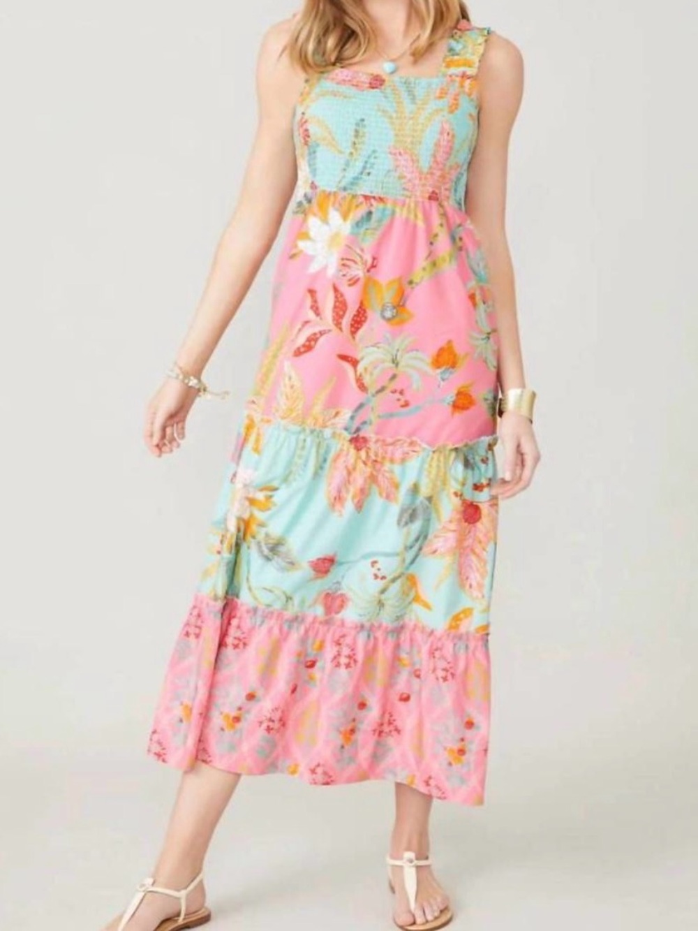 Spartina 449 Avalon Smocked Dress Queenie Tropical Floral Mix Size XL Cotton